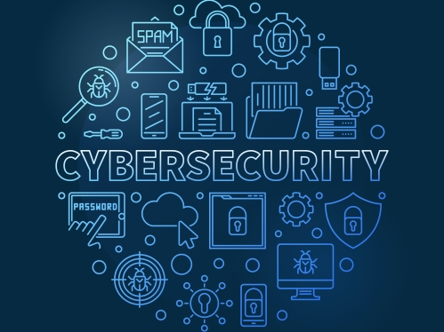 Vector Cybersecurity round concept thin line blue modern illustration on dark background
