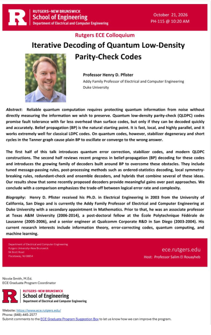Flyer advertising ECE Colloquium with Professor Henry Pfister from Duke University